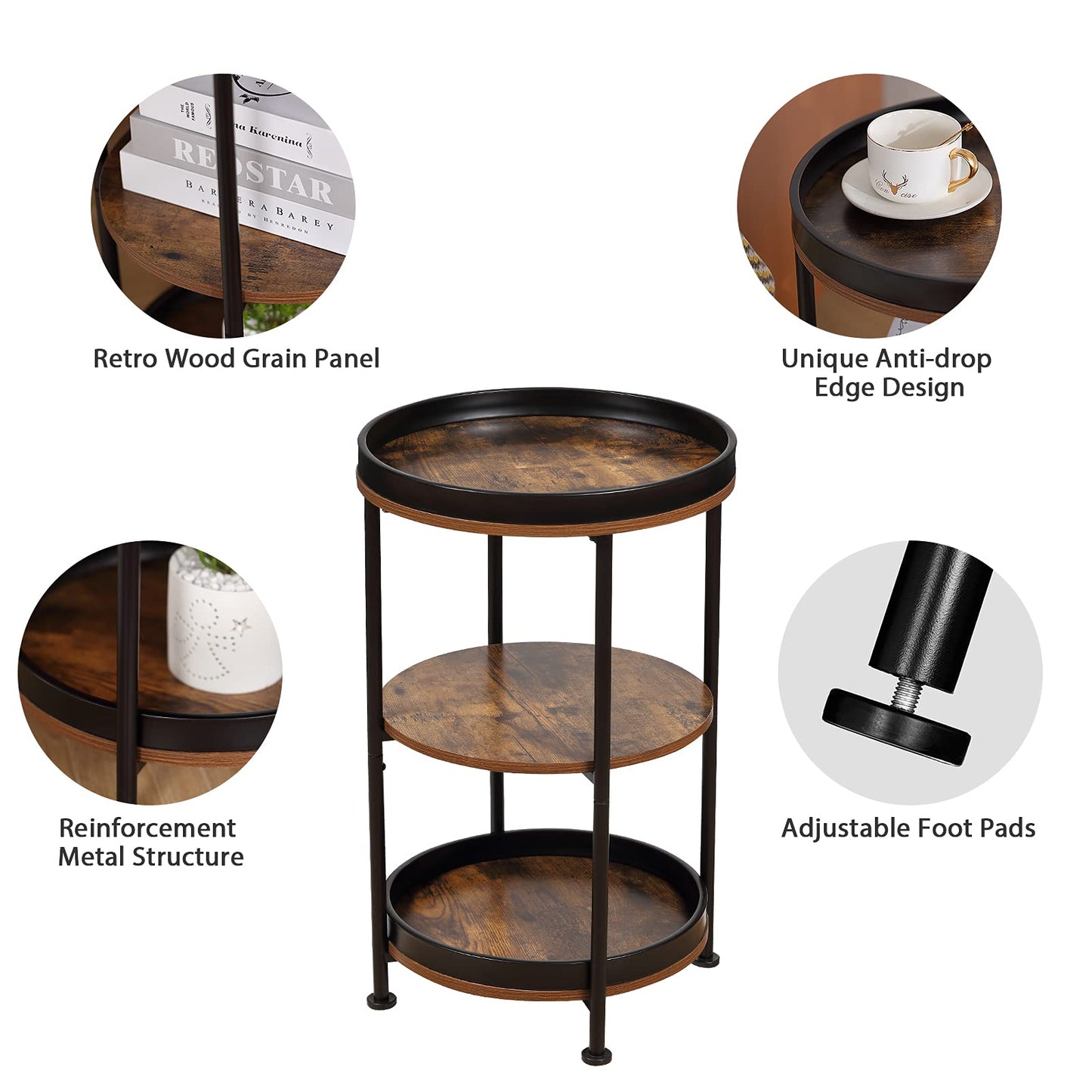 YEAKOO Industrial Nordic End Table, 3-Tier Round Side Table with Storage Shelf Edge Protection Tray, Sturdy Metal Frame Coffee Table Bedside Table for Living Room Bedroom Small Spaces/Rustic Brown