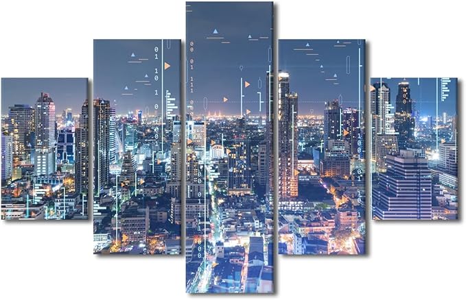 Advanced City Canvas Poster Modern Home Decoration Communication Workers Office Decor Student Bedroom Wall Art Decorate 5 Panel Sense of Technology Poster Frame and Stretched Ready to Hang 60x40 Inch