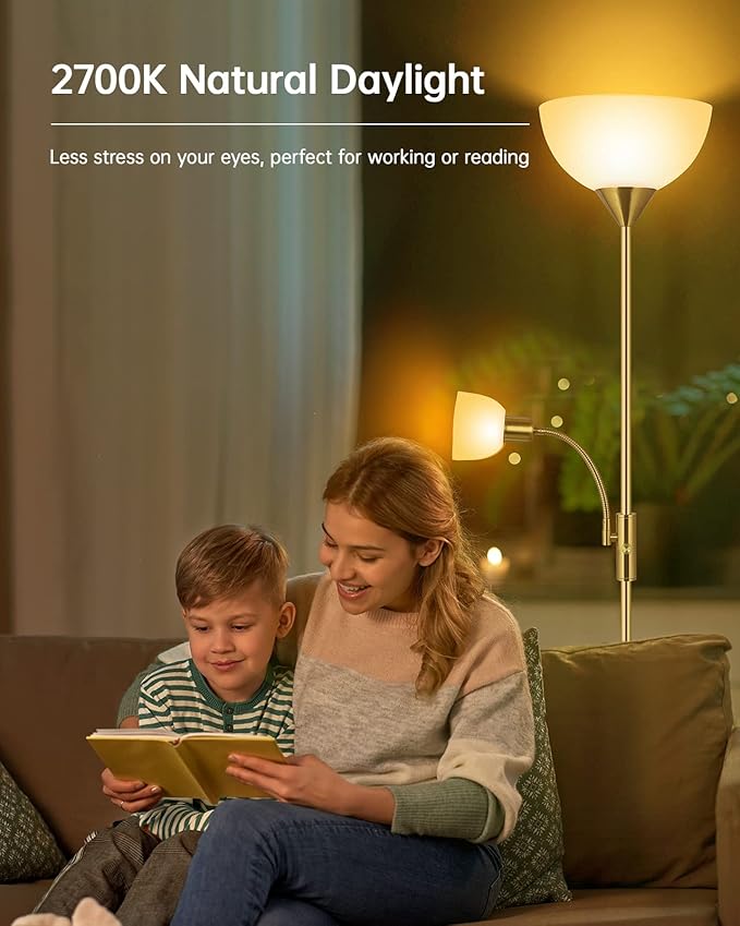 Torchiere Floor Lamps, LED Standing Lamp, 71" Tall Torch Floor Lamps with Reading Light, 3 Way Rotary Switch, White Plastic Shade,Bright Gold Modern Corner Lamp for Living Room Bedroom Office(No Bulb)
