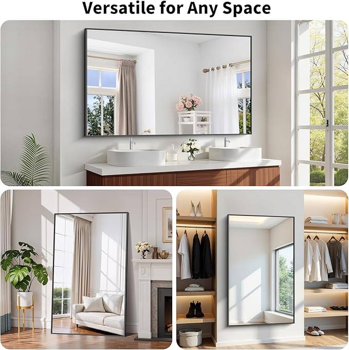 Koonmi Black Framed Bathroom Mirror - Shatterproof 36"x60" Tempered Glass, HD No Distortion, Horizontal/Vertical Mount, Modern Matte Aluminum Alloy Frame