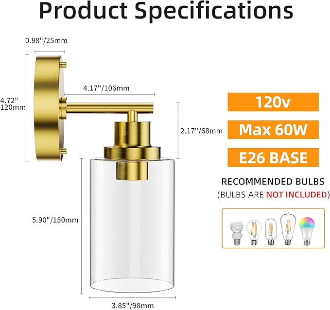 GORDNWE 1-Light Bathroom Wall Sconce, Brushed Gold Vanity Light, Modern Wall Light Fixture with Clear Glass Shade and E26 Bulb Base, Wall Lamp Wall Mount Light Fixtures for Mirror, Bedroom, Hallway
