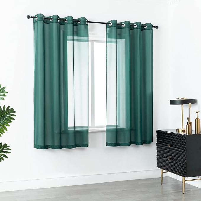 DUALIFE Hunter Green Sheer Curtains 45 Inch Length,Look Semi Sheer Curtain Drapes for Living Room Bedroom Loft Kitchen Bathroom Privacy Voile Window Treatment Panels,52 x 45 Inches,Set of 2