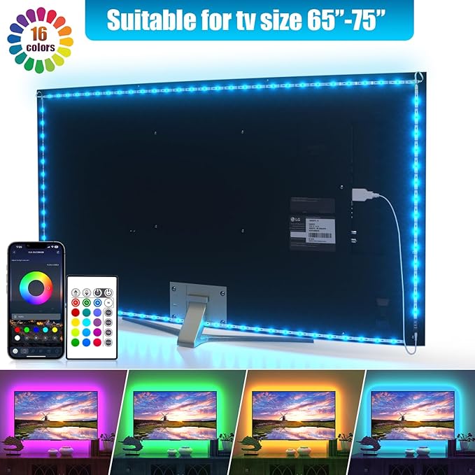 PANGTON VILLA Led Lights for TV LED Backlight,16.4FT RGB Smart LED Strip Lights for 65-75in TV, Bluetooth APP & Remote Control Music Sync & Multi-Scene Modes-USB Powered LED Lights for Bedroom/Gaming