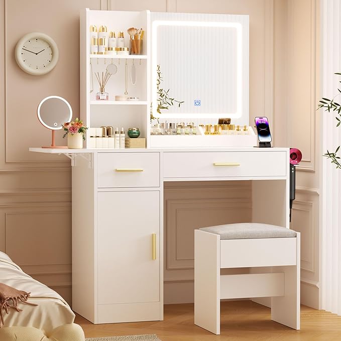 Vanity Desk with Mirror and Lights & Extral Foldable Desk, 31.5" & 39.3" Makeup Vanity Table with 4 Drawers and 3 Open Shelves, Dressing Table for Bedroom, White