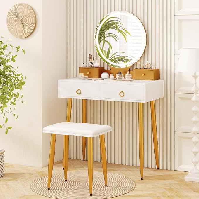 CHARMAID Vanity Desk with Mirror and Lights, Makeup Vanity with 4 Storage Drawers, 3 Lighting Modes, Adjustable Brightness, Modern Vanity Dressing Table with Stool for Bedroom, White & Gold