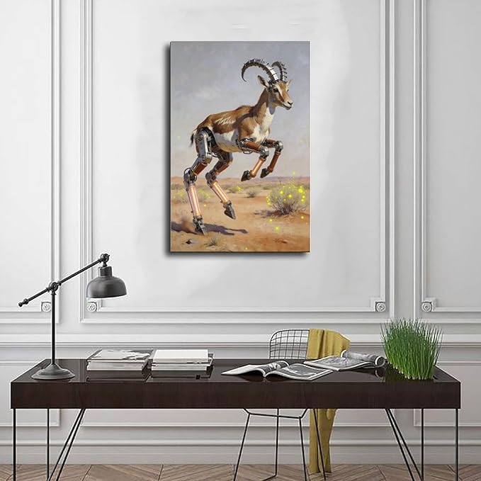 Framed Steampunk Mechanical Antelope Wall Art - Desert Futuristic Poster for Loft Living Room Decor 12x18inch(30x45cm)