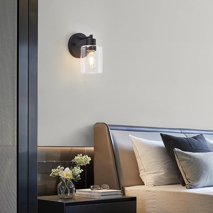 Black Wall Sconce,Wall Light Fixtures, Modern Bathroom Light Fixture with Clear Glass Shade and Moisture and Rust Prevention,Hallway Wall Lamp Mount Light Fixtures for Wall(1PACK)