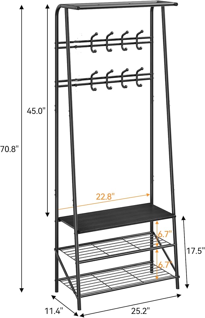 Coat Rack, 4-In-1 Hall Tree, Entryway Shoe Bench Coat Standwith Metal Frame, 3-Tier Shelf and 10 Hooks for Entryway,Hallway, Bedroom