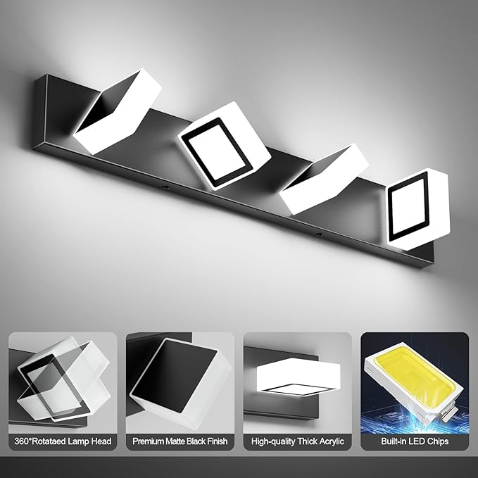 Ralbay Black Bathroom Vanity Lights 30inch Metal Acrylic LED Modern Bathroom Wall Lighting Fixtures Over Mirror Matte Black (White Light 6000K, Non-dimmable)