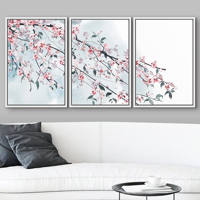 wall26 - 3 Panel Framed Canvas Wall Art - Ink Painting Style Pink Cherry Blossom on The Branch - Giclee Print Gallery Wrap Modern Home Art Ready to Hang - 24"x36"x3 White