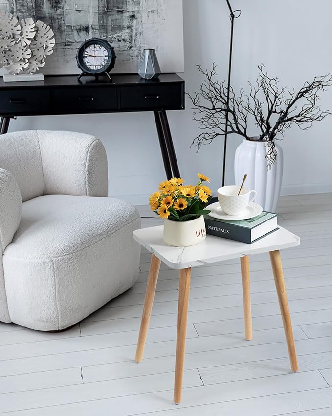 FORAOFUR Small End Table, Side Table Accent Table Living Room Bedroom Balcony Office, Modern Bedside Table Home Decor, Small Table for Small Spaces, Small Coffee Table, Easy Assembly, Marble White