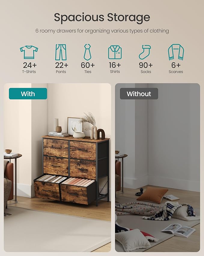SONGMICS Dresser for Bedroom, Chest of Drawers, TV Stand, Steel, MDF, 6 Non-Woven Fabric Drawers, Storage Organizer Unit, Closet, Entryway, Rustic Brown and Ink Black ULGS123B02S
