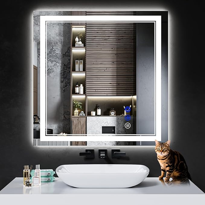 30"x30" LED Bathroom Mirror with Anti-Fog, Stepless Dimmable Lights, 3 Color Modes, Shatter-Proof Tempered Glass,Waterproof Design