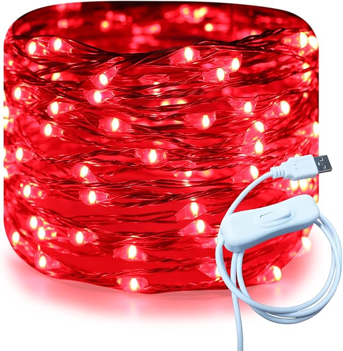 RUICHEN 20 Ft 120 LED USB Fairy String Lights with On/Off Switch, Waterproof Copper Wire Lights for Bedroom Wall Ceiling Wreath Crafts Christmas Party Mother's Day, Red