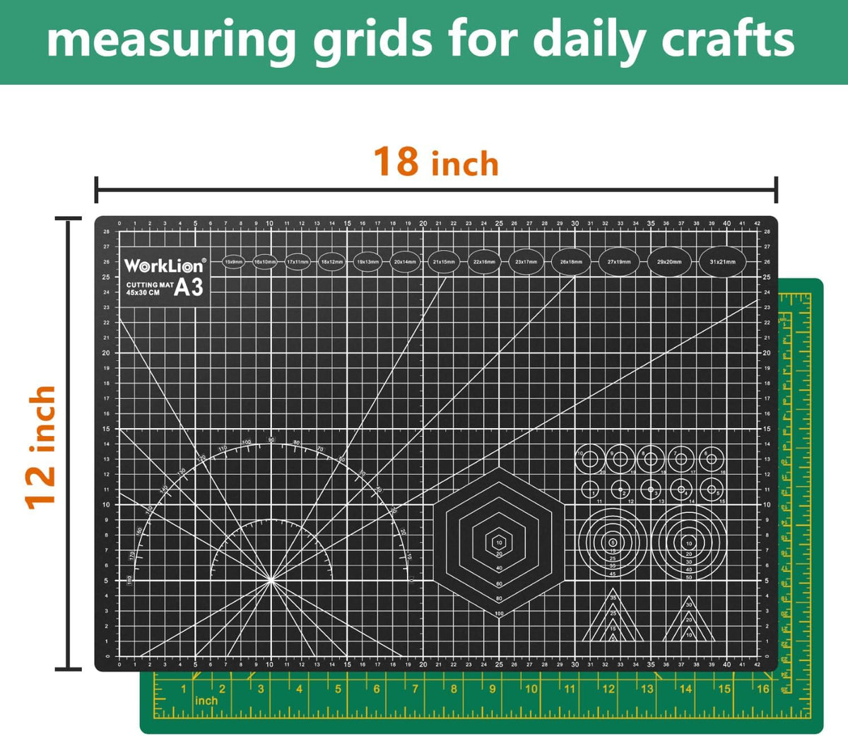 Worklion Self Healing Craft Mat: 18"x12" Rotary Cutting Mat for Sewing,Quilting,Leather,Craft,Fabric,Model,Art,Clay,5-layer 2-sided Cutting Mat, green and black