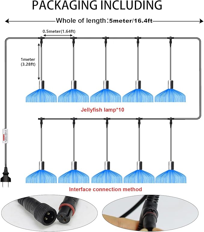 AZIMOM 10PCS Fiber Optic Jellyfish Lamp 16.4ft DC12V RGB Colorful Waterproof Connectable Jellyfish Fairy String Hanging Light for Ceiling Garden Trees Christmas Party Wedding Lighting Decor