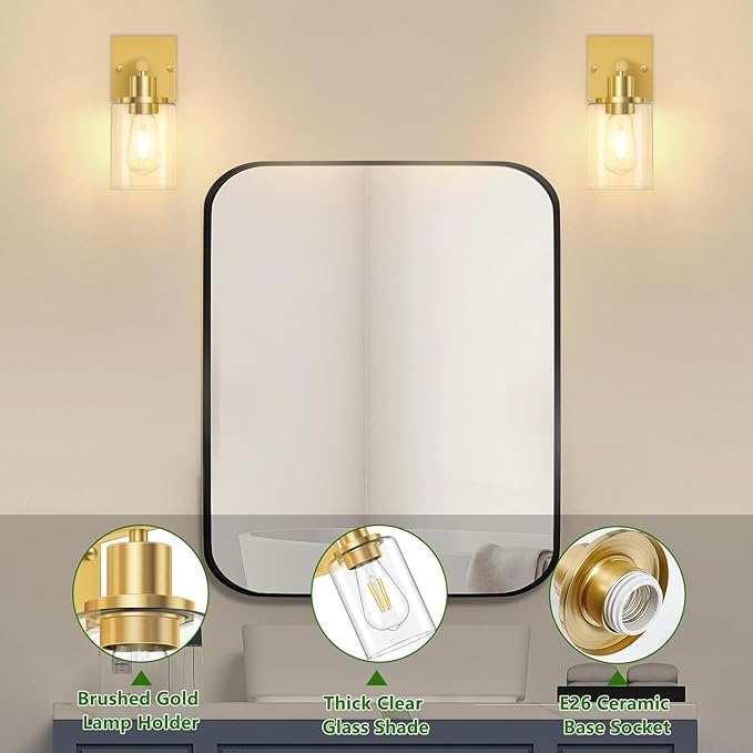 Licperron Gold Wall Sconces Set of 2, Bathroom Sconces Wall Lighting with Clear Glass Shade, Modern Brushed Glod Vanity Wall Light Fixtures for Bedroom, Mirror, Living Room, Hallway, E26 Base