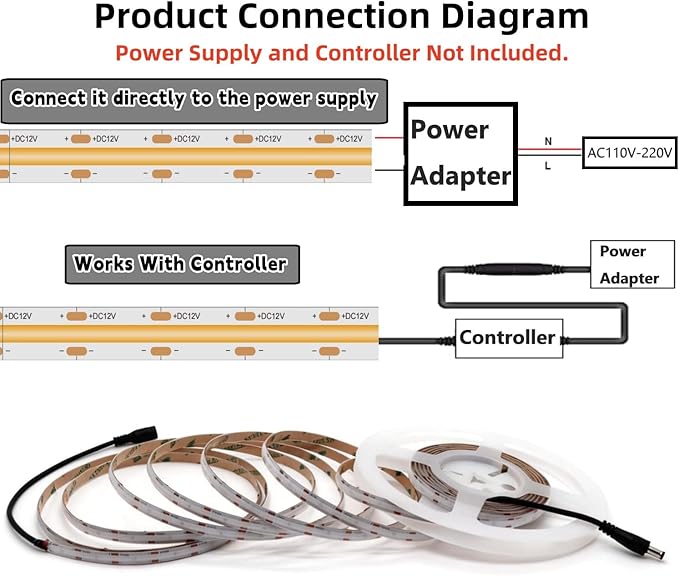 IP65 COB LED Strip Light, 480LEDs/m High Density Blue, 16.4FT DC12V Flexible Cuttable CRI90+ Uniform No-Spot Lighting for Kitchen,Bathroom & Under Cabinet, Home DIY Lighting Projects(No Power Supply)