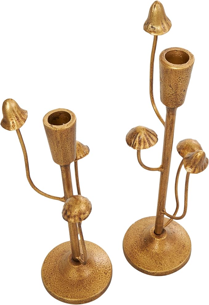 Deco 79 Metal Abstract Decorative Candle Holder Mushroom Inspired Candle Stand, Set of 2 Candlestick Holder 11", 14" H, Gold