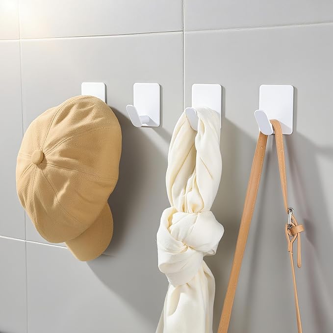 DELITON 4 Pack Adhesive Towel Hooks - White Heavy Duty Self Adhesive Hooks Stick on Wall Hanging Robes Coats Clothes for Bathroom Bedroom Kitchen Door, Stainless Steel