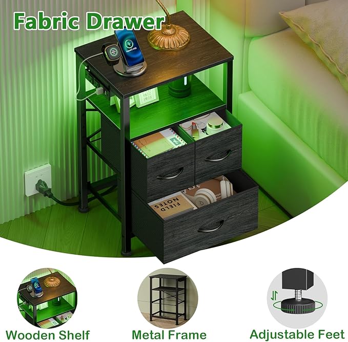 Furnulem Black Nightstand with Wood Shelf, Bed Side Table with Led Light and Charging Station, 25.8 Inch End Table with 3 Fabric Storage Drawers, Small Night Stand for Bedroom Furniture