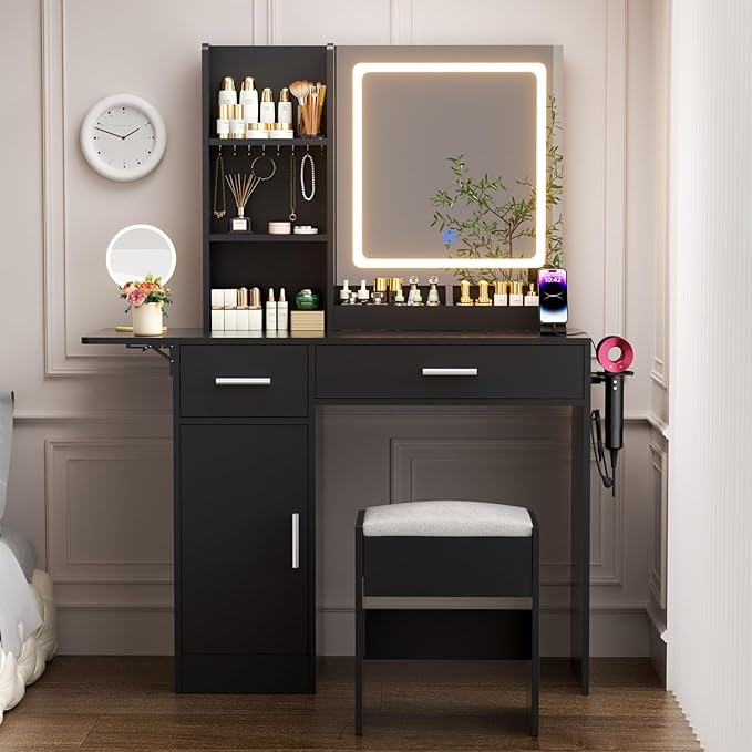 Vanity Desk with Mirror and Lights & Extral Foldable Desk, 35.43" & 43.3" Makeup Vanity Table with Stool and Plug Outlet, 5 Drawers and Open Shelves Dressing Table for Bedroom,Black