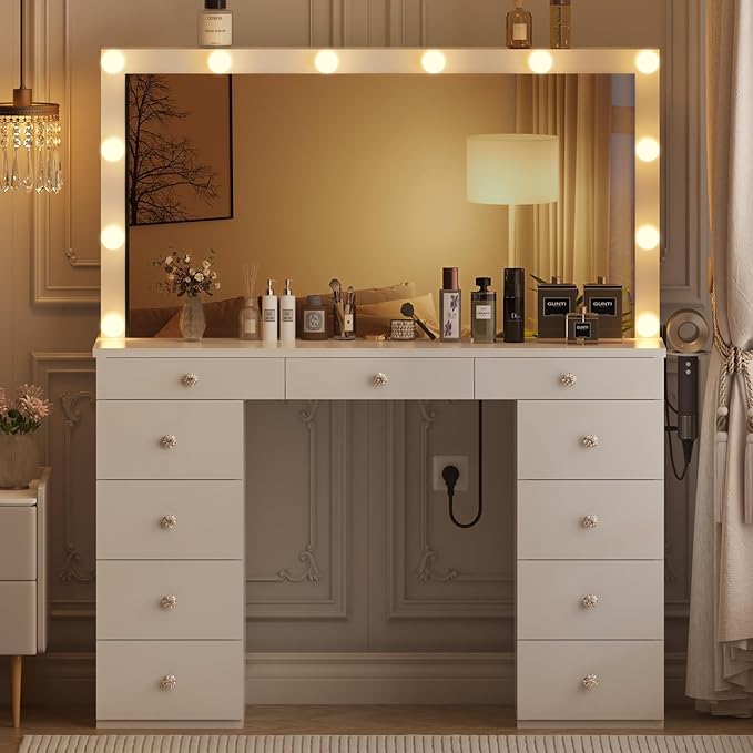 Likein Vanity Desk with Mirror and Lights, White Vanity with Jewelry Storage Cabinet, Makeup Dressing Table with 11 Drawers, Charging Station, Crystal Knobs, 3 Color Lighting Modes for Women, Girls