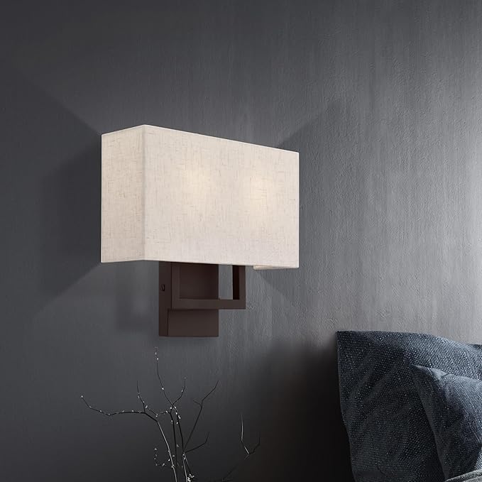 Livex Lighting 50994-07 Pierson Collection 2 Light Ada Wall Sconce, Oatmeal Fabric Outside, White Fabric Inside Hardback Shade, Bronze Finish