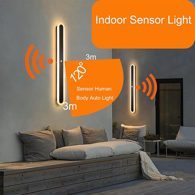 Modern LED Wall Sconce with Motion Sensor Interior Acrylic Black Wall Lamp Indoor Minimalist Long Wall Light Inside Lighting Fixtures for Living Room Bathroom Front Door Bedroom (60CM,Warm Light)