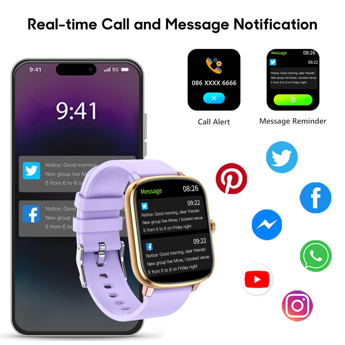 Popglory Smart Watch, 1.69'' Fitness Watch Women Men with Heart Rate, Blood Pressure, Blood Oxygen & Sleep Monitor, 110 Sports Modes Fitness Tracker, Waterproof Pedometer Compatible Android iPhone