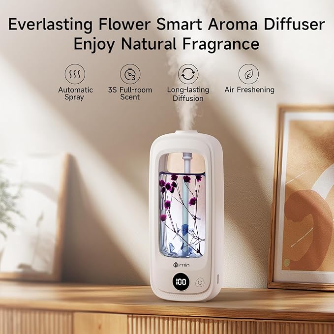 Small Waterless Oil Diffuser, Cordless Aromatherapy Diffusers with Real Flowers | 3 Scents Home Fragrance, 6-Speed Adjustable Air Freshener for Office & Bedroom
