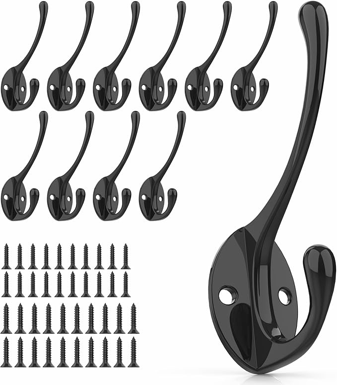 Coat Hooks | Wall Mount Coat Hangers | Black Metal Hooks for Wall with 20 Screws (10Pack)