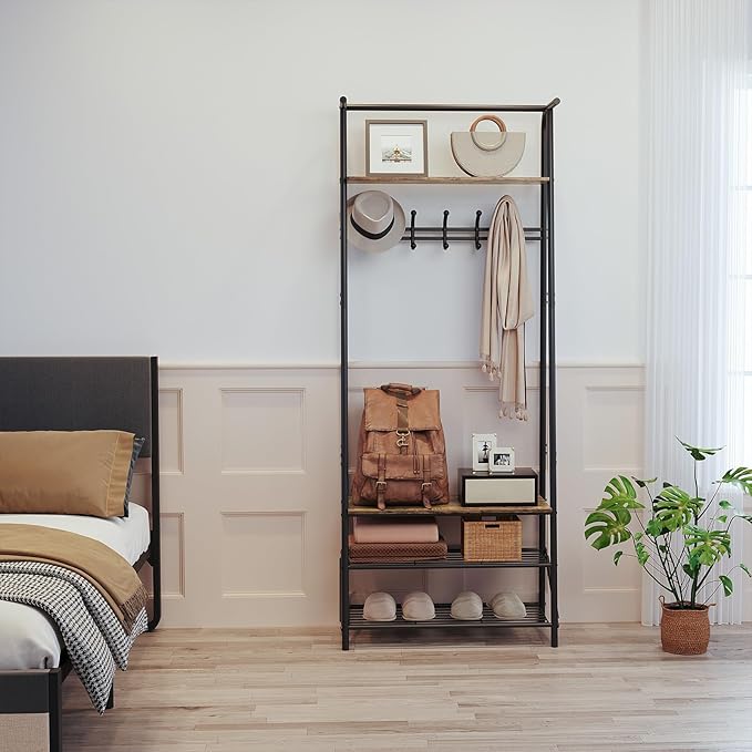 4-In-1 Hall Tree Entryway Organizer with 5 Hooks and Shoe Storage Bench, Sturdy Metal Frame, Wood Look Accent for Coat, Hat, and Bag Organization in Entryway, Living Room, or Bedroom