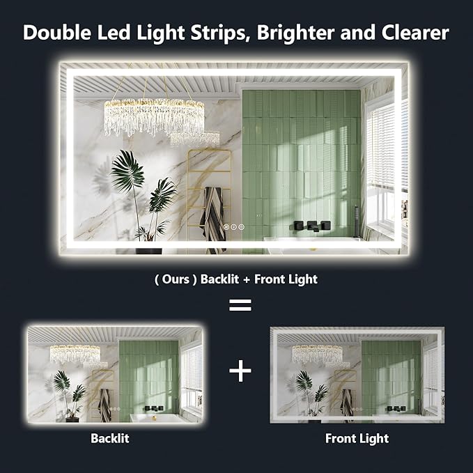 80x40 Inch LED Bathroom Mirror with Lights Front and Backlit Lighted Vanity Mirror for Bathroom Wall with 3 Colors Dimmable Anti-Fog Memory Shatter-Proof IP54 Waterproof Horizontal/Vertical