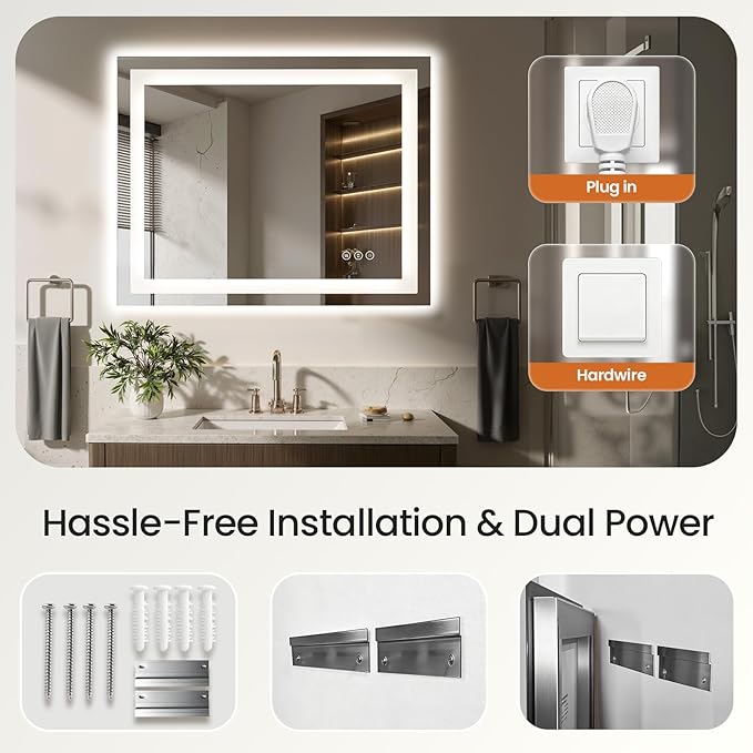 24X30 LED Bathroom Mirror with Lights, Anti-Fog, Dimmable - Lighted Bathroom Vanity Mirror with Front & Back Light, 3 Color Temperatures, Memory Function, Tempered Glass (Horizontal/Vertical)