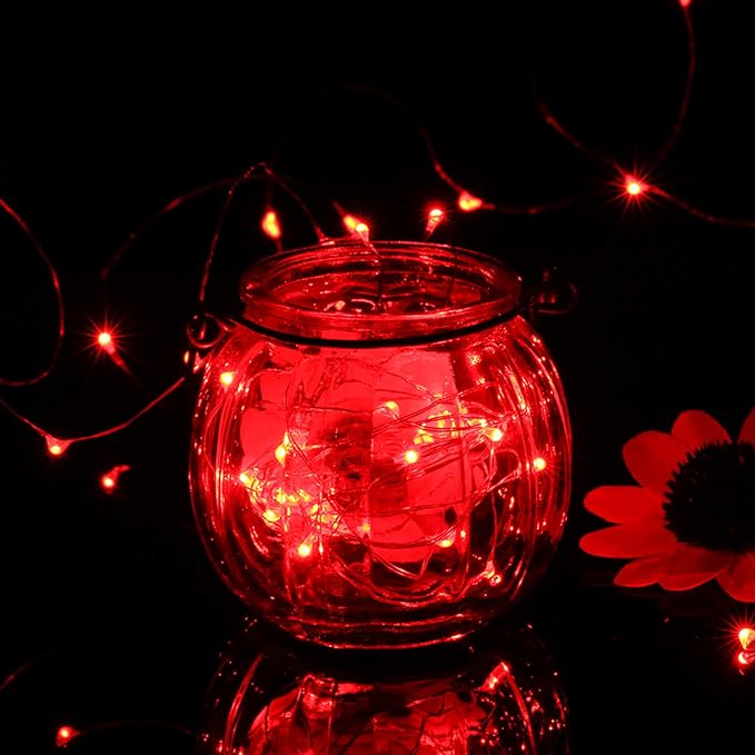 Mikasol Fairy Lights Battery Operated, 1 Pack Mini 3*AAA Battery Powered Copper Wire Led Starry String Lights Firefly Lights for Bedroom, Christmas, Parties, Decoration (5m/16ft Red)