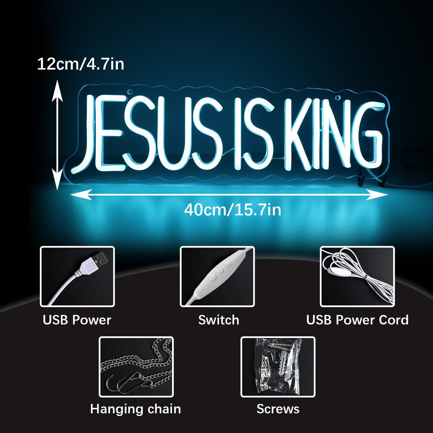 JESUS IS KING" Divine Glow Neon Sign - Scripture LED Wall Art with Adjustable Brightness (15.75""×4.7"")"