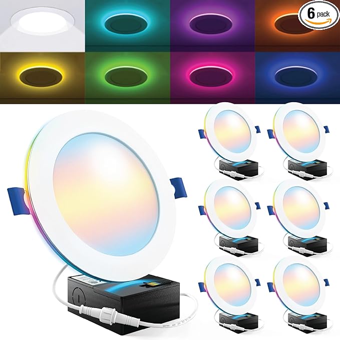 Sunco 6 Pack 6 Inch Smart Ultra Thin LED Recessed Ceiling Lights with Night Light, Tunable CCT 2700K to 6000K, Dimmable, 15W, Smooth Trim, Canless with Junction Box