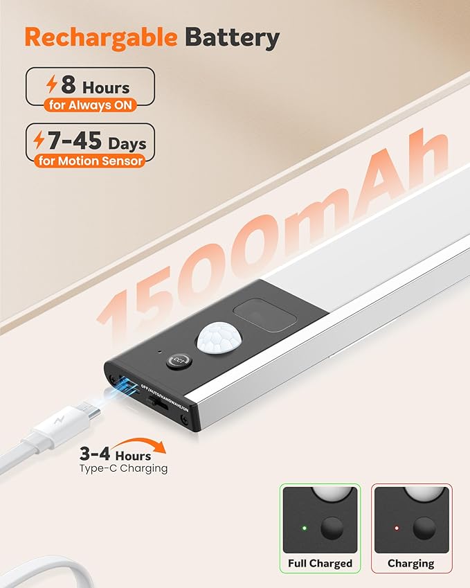 ALUSSO LIGHTING 80 LED Wireless Under Cabinet Lighting with Motion & Hand Wave Sensor, 3CCT Dimmable Magnetic Closet Lights, Rechargeable Battery Operated Under Counter Lights for Kitchen, 4 Pack