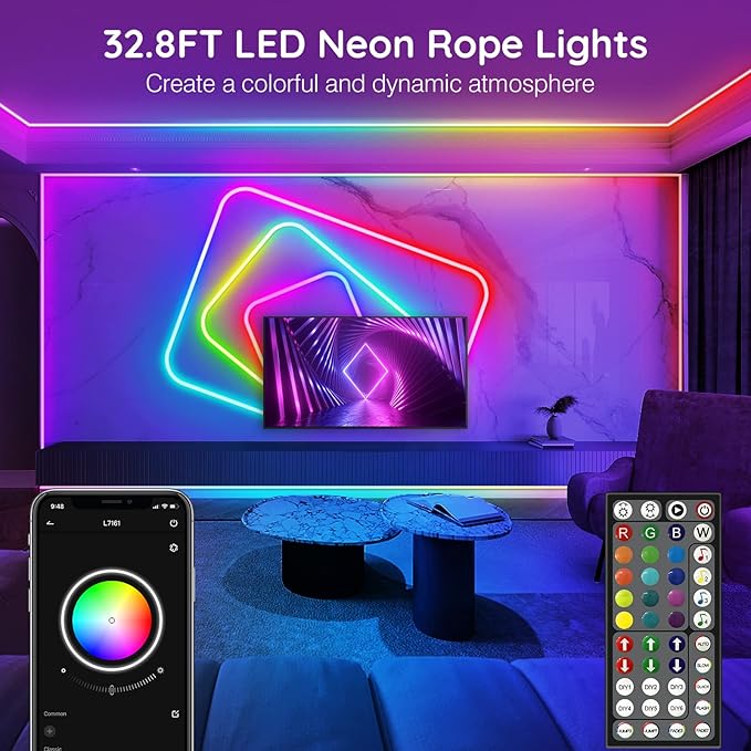 AILBTON 32.8FT Led Neon Rope Lights Control with App/Remote,Flexible Led Rope Light,Multiple Modes,IP65 Outdoor RGB Lights Waterproof,Music Sync Gaming Led Neon Strip Light for Bedroom Decor (32.8FT)