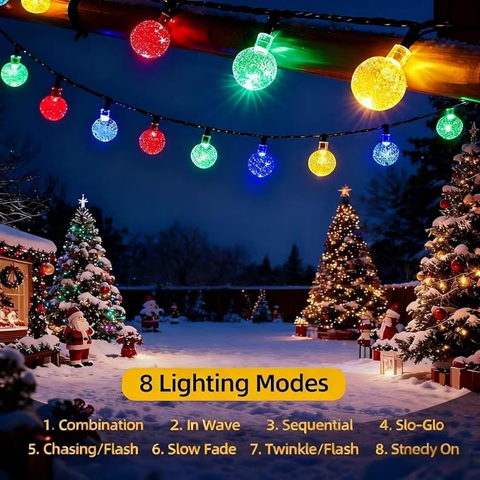 Solar String Lights Outdoor Waterproof IP65 9.3 Feet 20 LED 8 Modes Crystal Globe Fairy Light for Garden Parterre Terrace Decor,Wedding,Party,Camping（Multi-Colored）
