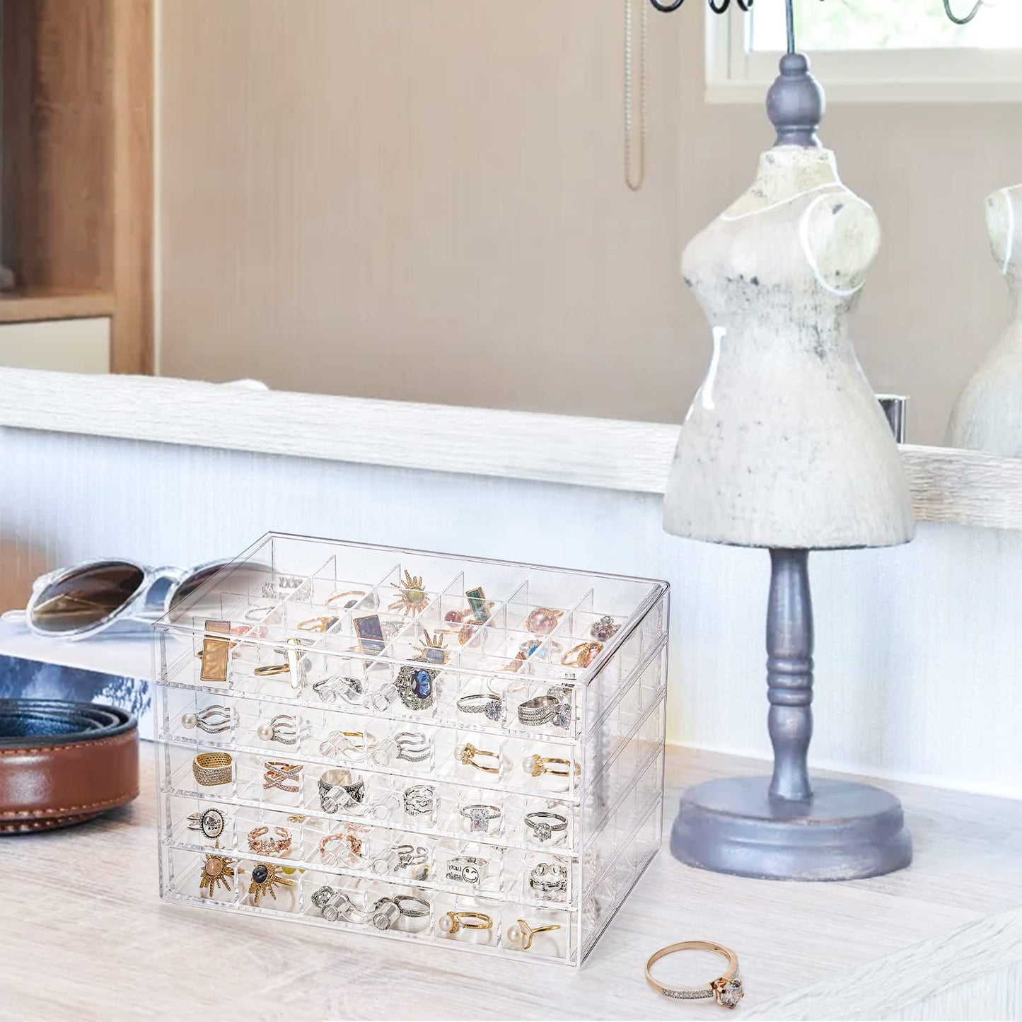 yarlung Acrylic Jewelry Storage Box Earring Holder with 5 Drawers, 120 Grids Jewelry Organizer Tray Clear Ring Display Case for Beads, Nail Tips, Women Girls, Birthday Gift