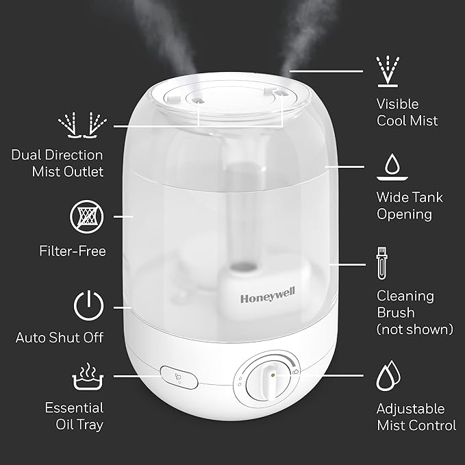 Honeywell Ultra Comfort Cool Mist Humidifier, 1 Gal Tank, No Filter, Easy to Fill and Clean, Cleaning Brush Included, Ultra Quiet, Use With Essential Oils, White, HUL545W