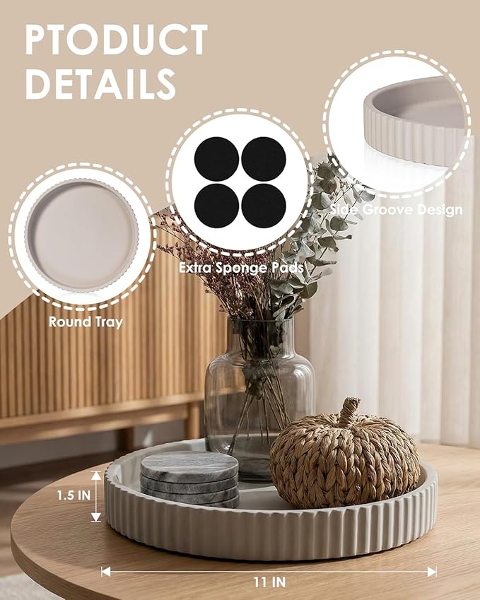 Concrete Coffee Table Tray, 11" Decorative Tray for Home Decor, Sturdy Modern Centerpiece, Round Serving Tray with Fluted Edge, Gray