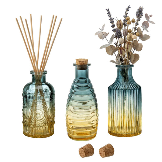 MyGift Small Blue Yellow Gradient Glass Reed Diffuser Bottles, Vintage Embossed Apothecary Style Flower Bud Vases with Cork Lids, Assorted Designs and Sizes, Set of 3