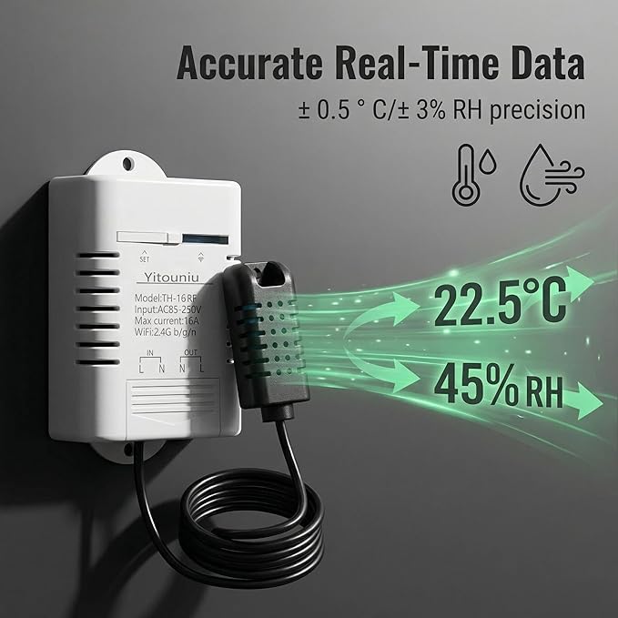 eWeLink WiFi Smart TH16 Switch 16A Temperature and Humidity Controller, Wireless Remote Control with Energy Consumption Monitoring, Compatible with Alexa Google Home