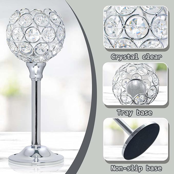 Crystal Metal Tealight Candlestick, Bling Bowl Candelabras, Tall Crystal Votive Candle Holders Elegant Crystal Candle Centerpiece for Dining Table Wedding Decor (Set of 3, Silver)