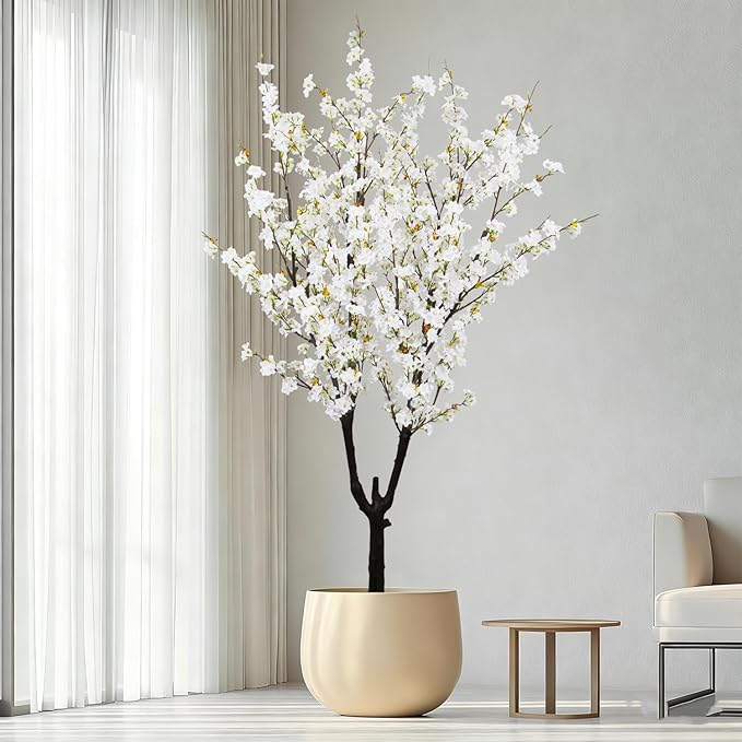 Faux White Cherry Blossom Tree 6ft(74in) Tall Artificial Plant Home Decor Handmade Natural Fake White Flower Tree for Wedding Realistic Silk Cherry Plant in Pot for Living Room,Office,Outdoor Decor.