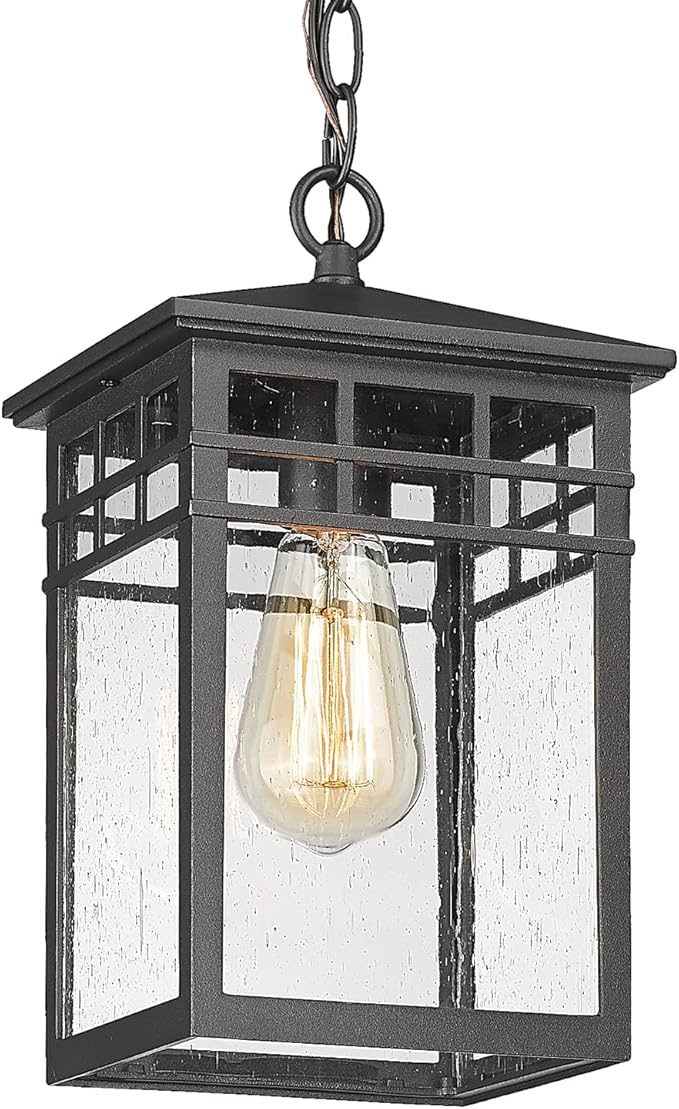 Outdoor Pendant Light Lanterns for Front Porch, Black Exterior Hanging Light Fixtures with Seeded Glass Shade for Patio, Entryway, Garage, Gazebo, RZ009-H BK
