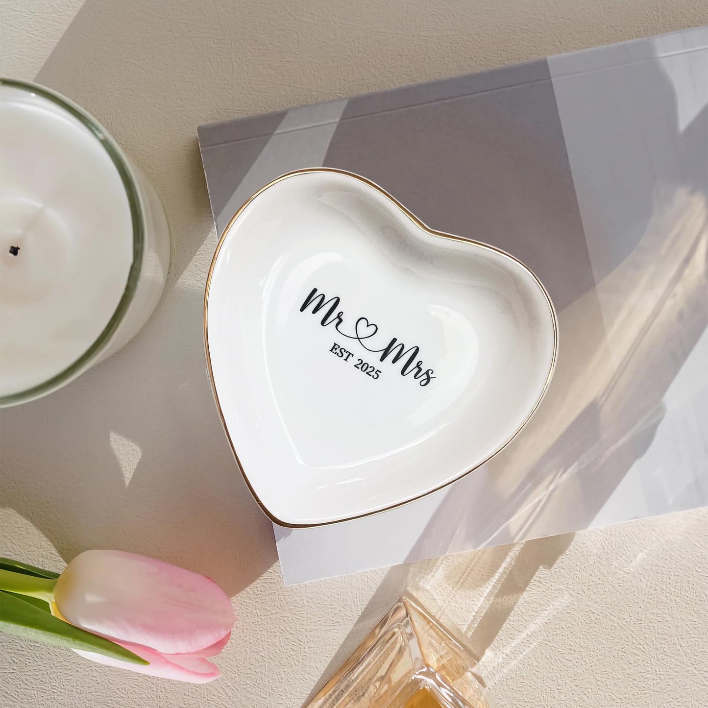 Ceramic Ring Dish for Wedding Anniversary - Mr & Mrs EST 2025 Jewelry Tray, Elegant Keepsake Gift for Couples, Ceramic Valet Tray for Jewelry Storage
